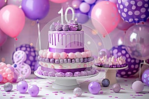 Vibrant cake with 10 candle, balloons, and decor for a special celebratory event