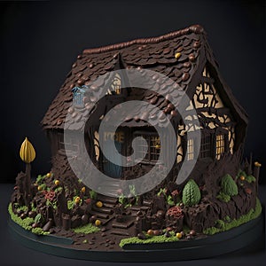 A vibrant cake shaped like a cottage made with chocolate and candy
