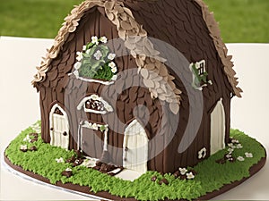 A vibrant cake shaped like a house made with chocolate and candy