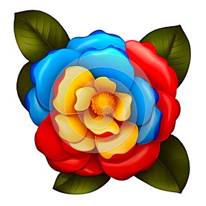 Vibrant Camellia Flower Illustrations: Blue, Yellow, Red Botanical Harmony.