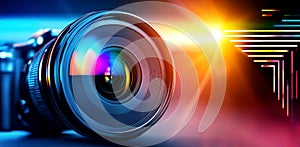 Vibrant Camera Lens Close-Up with Dynamic Light Effects