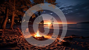 a vibrant campfire burning in a cast iron fire pit on a forest beach, with the enchanting backdrop of light bulb