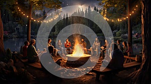 a vibrant campfire burning in a cast iron fire pit on a forest beach, with the enchanting backdrop of light bulb