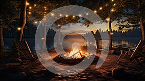 a vibrant campfire burning in a cast iron fire pit on a forest beach, with the enchanting backdrop of light bulb