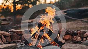 Campfire Burning Brightly in a Stone Fire Pit During the Evening