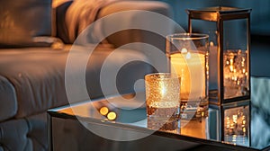 Vibrant candlelight reflecting off a mirrored side table creating a warm and inviting atmosphere. 2d flat cartoon