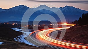 Vibrant Car Traces Amidst Majestic Mountain Scenery. Generative AI