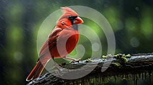 Vibrant Cardinal Bird On Wood Branch In Rain - High-energy Animal Imagery