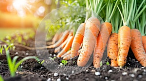 Vibrant carrots freshly pulled from the fertile soil of a thriving greenhouse garden photo