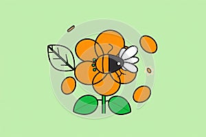 Vibrant cartoon bee pollinating a playful orange flower illustration, radiating joy and spring vibes on a gentle green background