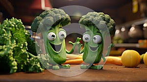 Vibrant Cartoon Broccoli Characters In Vray Tracing Style