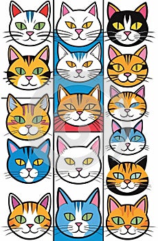 A vibrant cartoon cat faces with expressive features