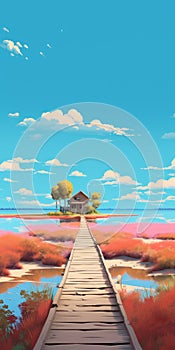 Vibrant Cartoon Houses In Calm Seas: Art Wallpapers Inspired By Nature