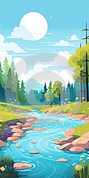 Wild And Peaceful Cartoon Landscape: Creek In Pastel Colors photo