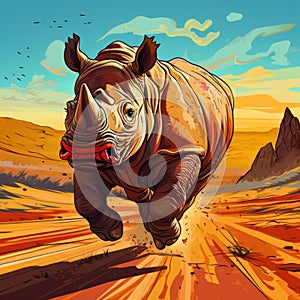 Vibrant Cartoon Rhinoceros Sprinting Across The Savannah