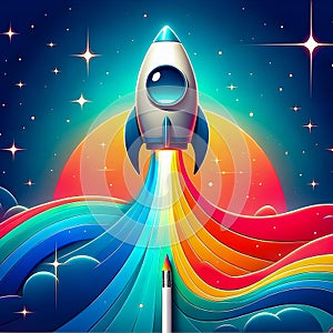 Vibrant cartoon rocket launching , GenerativeAI photo