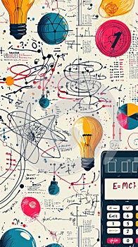Cartoon style pattern with science elements, including light bulbs and mathematical equations