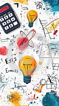 Cartoon style pattern with science elements, including light bulbs and mathematical equations