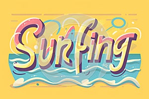 Vibrant cartoon-style 'Surfing' illustration with waves and sun. Ideal for summer event posters.