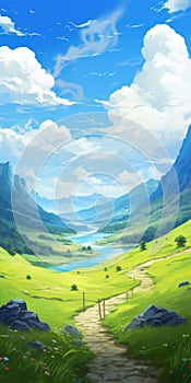 Romantic Anime Art: Mountains, Clouds, And Riverscapes photo