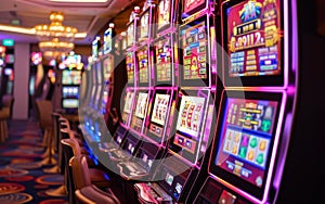 A vibrant casino interior featuring a row of colorful, illuminated slot machines ready for play.