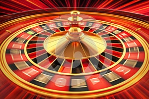 Vibrant Casino Roulette Wheel in Motion on a Shimmering Red Background with Light Streaks and Reflections
