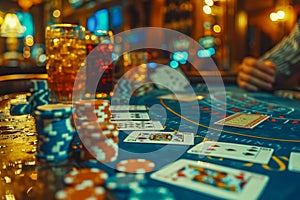 Vibrant Casino Scene with Cards, Chips and Drinks on a Gaming Table During a High Stakes Poker Game Night