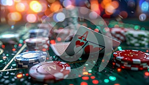 Vibrant Casino Scene Featuring Poker Chips, Playing Cards, and Colorful Bokeh Lights in the Background for Exciting Gambling
