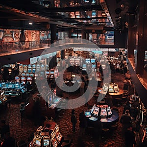Vibrant Casino Scene: Slot Machines, Gaming Tables, and Neon Lights
