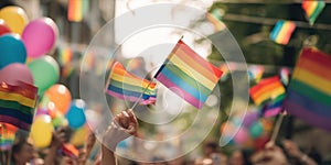The vibrant celebration of pride with colorful rainbow flags waving in unity. AI generated image