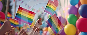 The vibrant celebration of pride with rainbow flags waving in the air. AI generated image