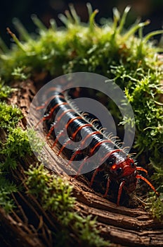 Vibrant Centipede Crawling on Mossy Log in Forest