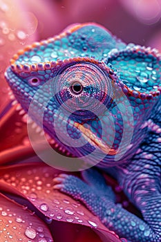 Vibrant Chameleon Close up Portrait with Vivid Colors and Water Droplets on Textured Skin in a Dreamy Setting