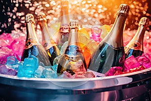 Vibrant champagne bottles nestled among colorful glowing ice, with shimmering droplets in the backdrop.