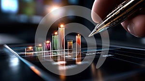 A vibrant chart with glowing colorful bars is being highlighted by a pen, symbolizing financial growth and innovation photo