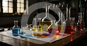 Vibrant chemistry lab with colorful liquids in glass flasks