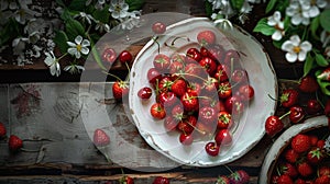 Vibrant cherries and strawberries in a vintage bowl with blooming flowers on a wooden backdrop