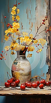 Vibrant Cherry Blossom Still Life: Antique Metallic Vases With Yellow Orchids