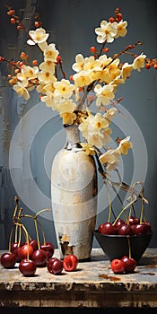 Vibrant Cherry Blossom Still Life: Antique Metallic Vases With Yellow Orchids