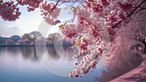 Vibrant Cherry Blossoms In Full Bloom A Tranquil Lake With Reflections Of A Lush Pink Canopy