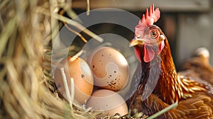 Close-up of a Hen Next to Fresh Eggs in a Straw Nest. Homestead Poultry and Organic Farming Concept. Rustic and Rural