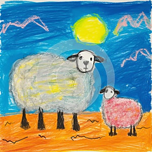 Vibrant Child\'s Drawing Of Sheep In Desert At Night