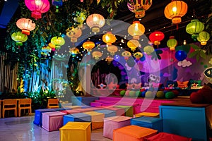 Vibrant children's birthday party venue decorated with balloons. Generative AI