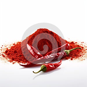 Vibrant Chile Powder And Peppers On White Background photo