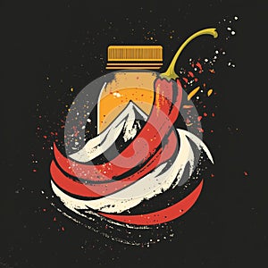 Vibrant chili sauce jar with artistic red chili pepper and abstract mountain design photo