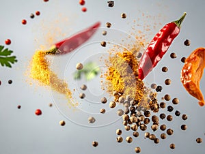 Vibrant chilies and spices in motion capture flavor and color explosion photo