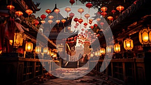 Vibrant Chinese Lanterns Illuminate Twilight Courtyard photo