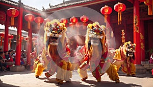 A vibrant Chinese lion dance performance. Happy Chinese New Year. Generative AI.