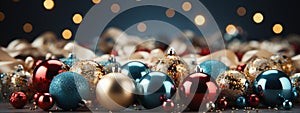 Vibrant Christmas Design: Red, Gold, Silver and Blue Baubles, Fir Branches and a Gift Box in a Frame on a Festive Background