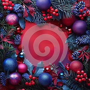 Festive Christmas frame with red and blue ornaments photo